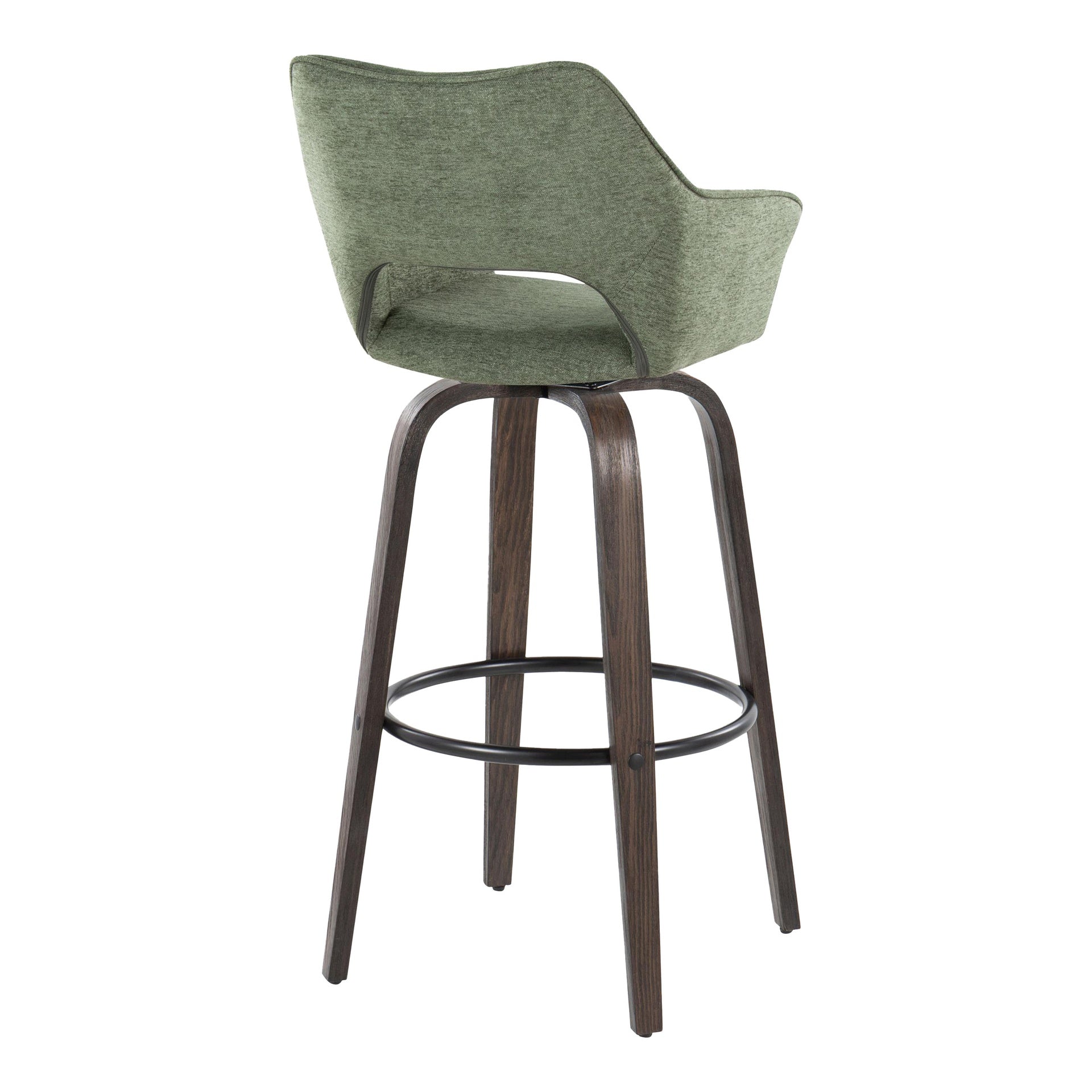 Mustang 30" Contemporary Fixed-Height Barstool with Swivel in Walnut Glazed Wood and Green Fabric with Round Black Metal Footrest by LumiSource - Set of 2