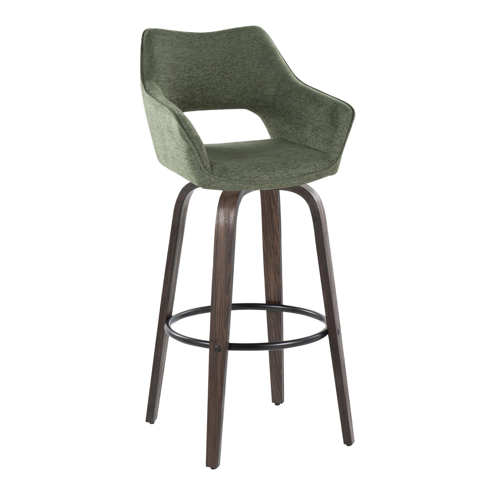 Mustang 30" Contemporary Fixed-Height Barstool with Swivel in Walnut Glazed Wood and Green Fabric with Round Black Metal Footrest by LumiSource - Set of 2
