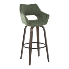 Mustang 30" Contemporary Fixed-Height Barstool with Swivel in Walnut Glazed Wood and Green Fabric with Round Black Metal Footrest by LumiSource - Set of 2