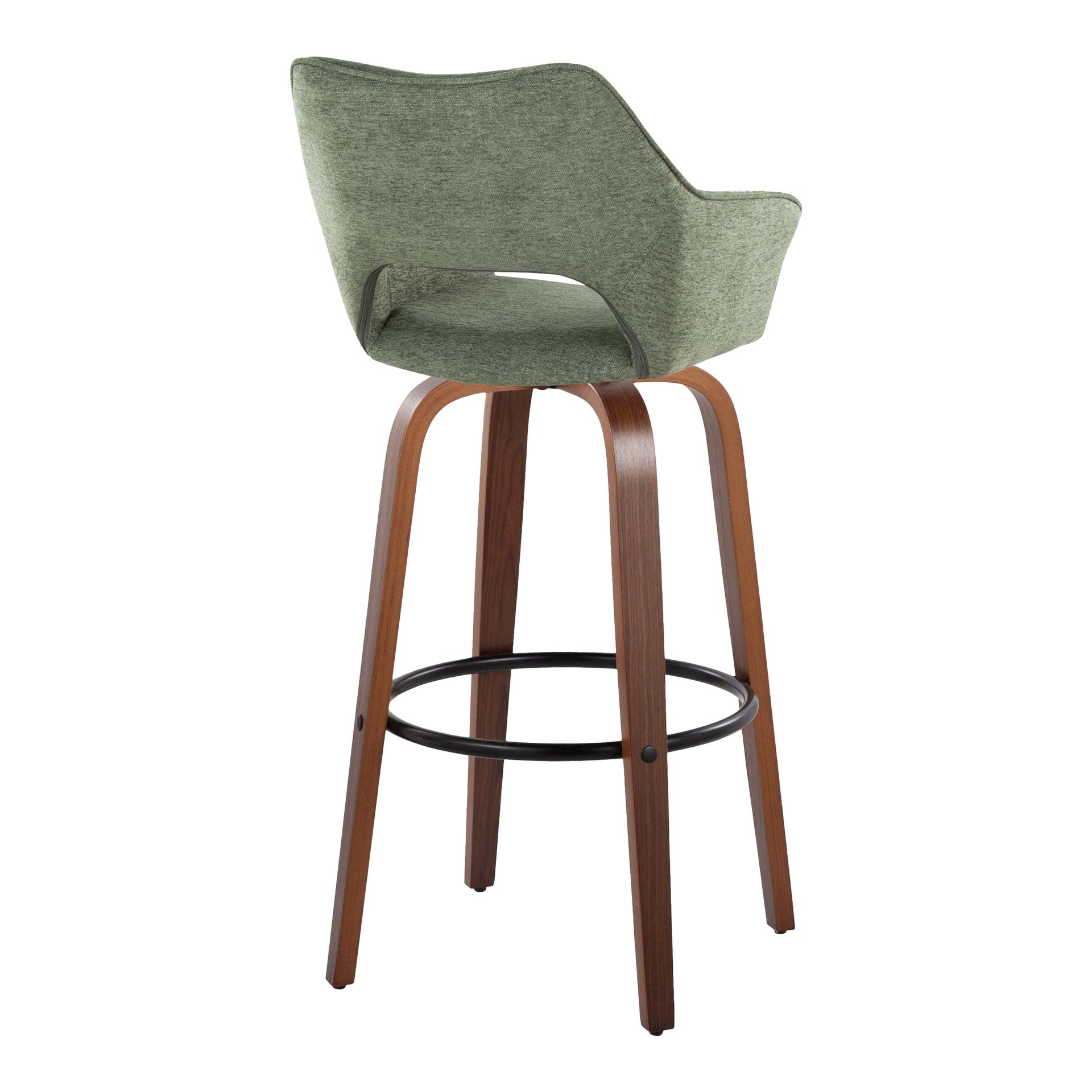 Mustang 30" Contemporary Fixed-Height Barstool with Swivel in Walnut Wood and Green Fabric with Round Black Metal Footrest by LumiSource - Set of 2