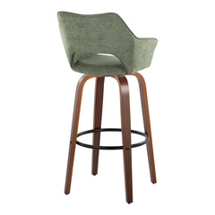 Mustang 30" Contemporary Fixed-Height Barstool with Swivel in Walnut Wood and Green Fabric with Round Black Metal Footrest by LumiSource - Set of 2