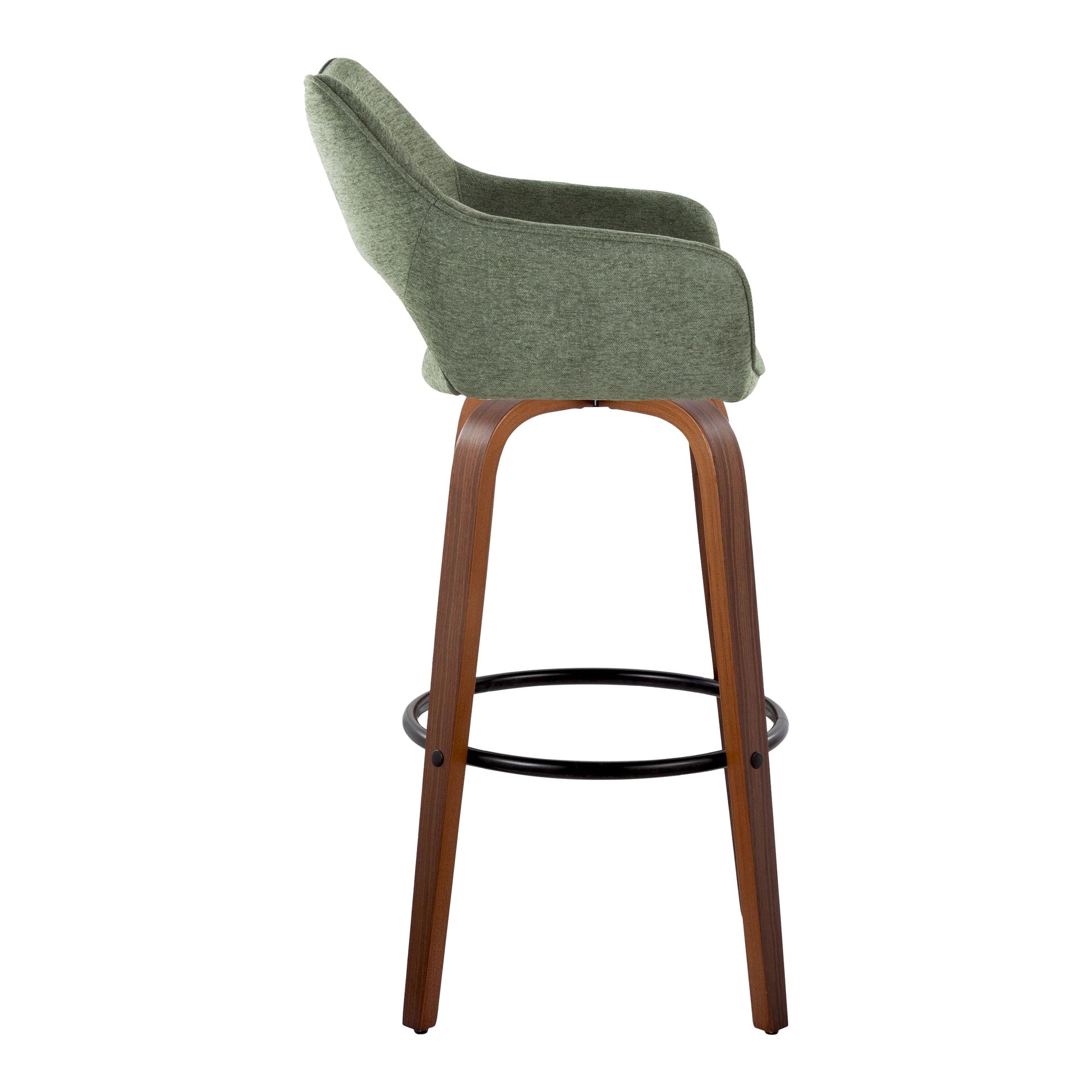 Mustang 30" Contemporary Fixed-Height Barstool with Swivel in Walnut Wood and Green Fabric with Round Black Metal Footrest by LumiSource - Set of 2