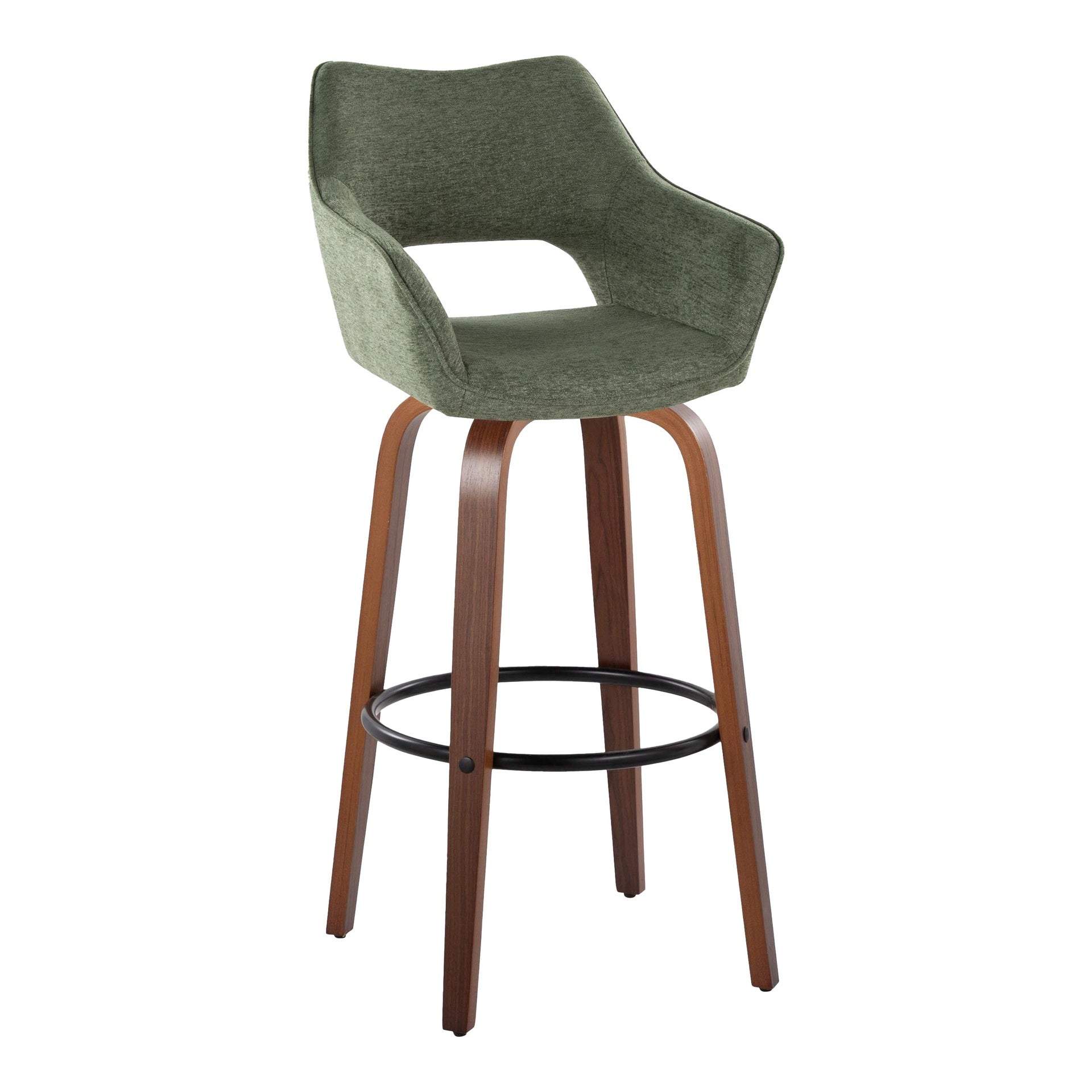 Mustang 30" Contemporary Fixed-Height Barstool with Swivel in Walnut Wood and Green Fabric with Round Black Metal Footrest by LumiSource - Set of 2