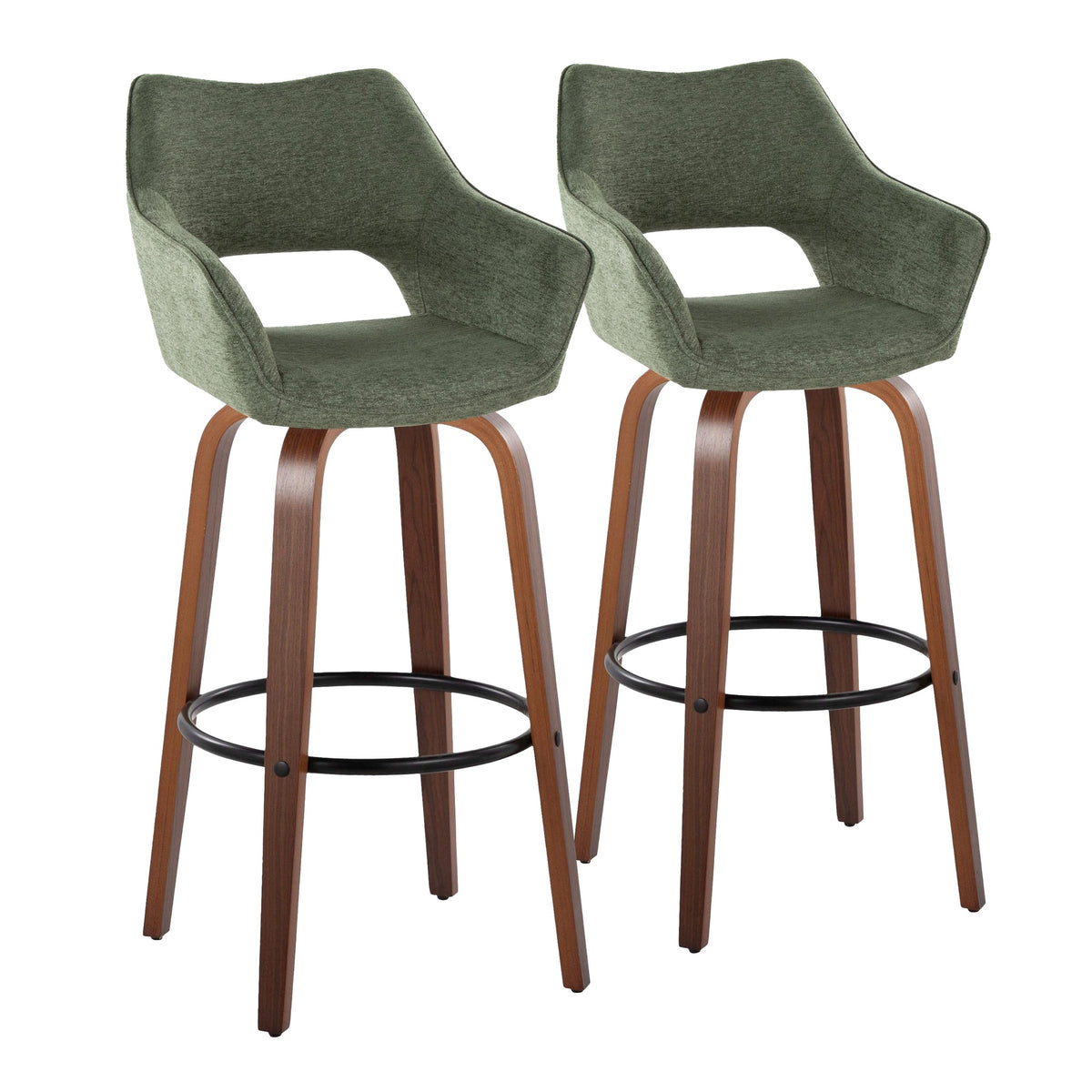 Mustang 30" Contemporary Fixed-Height Barstool with Swivel in Walnut Wood and Green Fabric with Round Black Metal Footrest by LumiSource - Set of 2