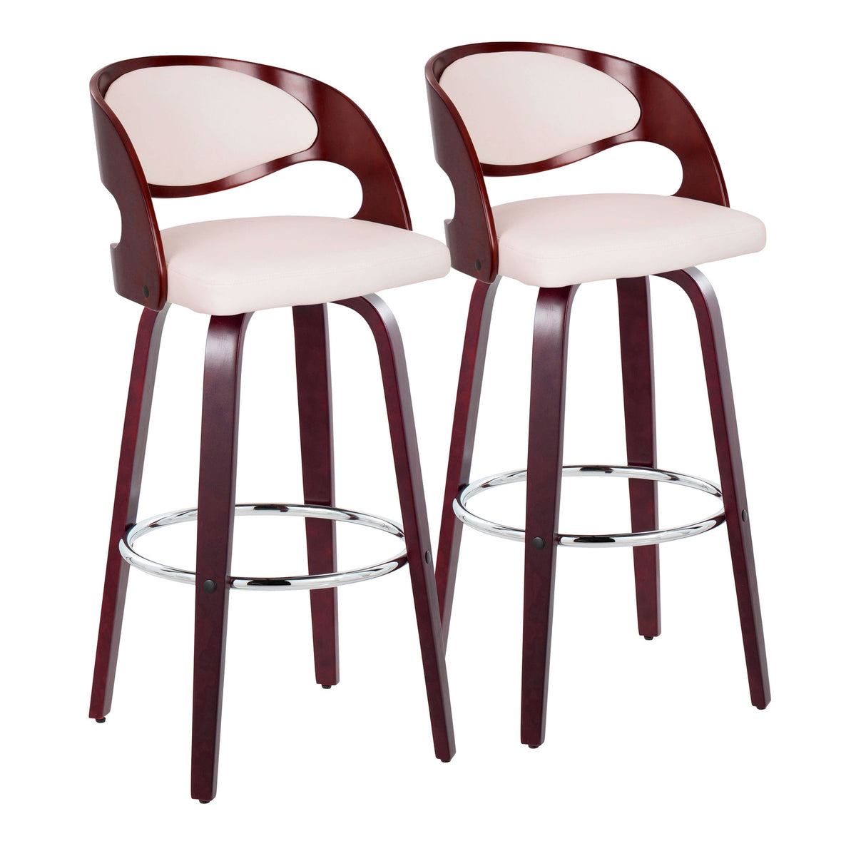 Pino 30" Mid-Century Modern Fixed-Height Barstool with Swivel in Cherry Wood and White Faux Leather with Round Chrome Metal Footrest by LumiSource - Set of 2