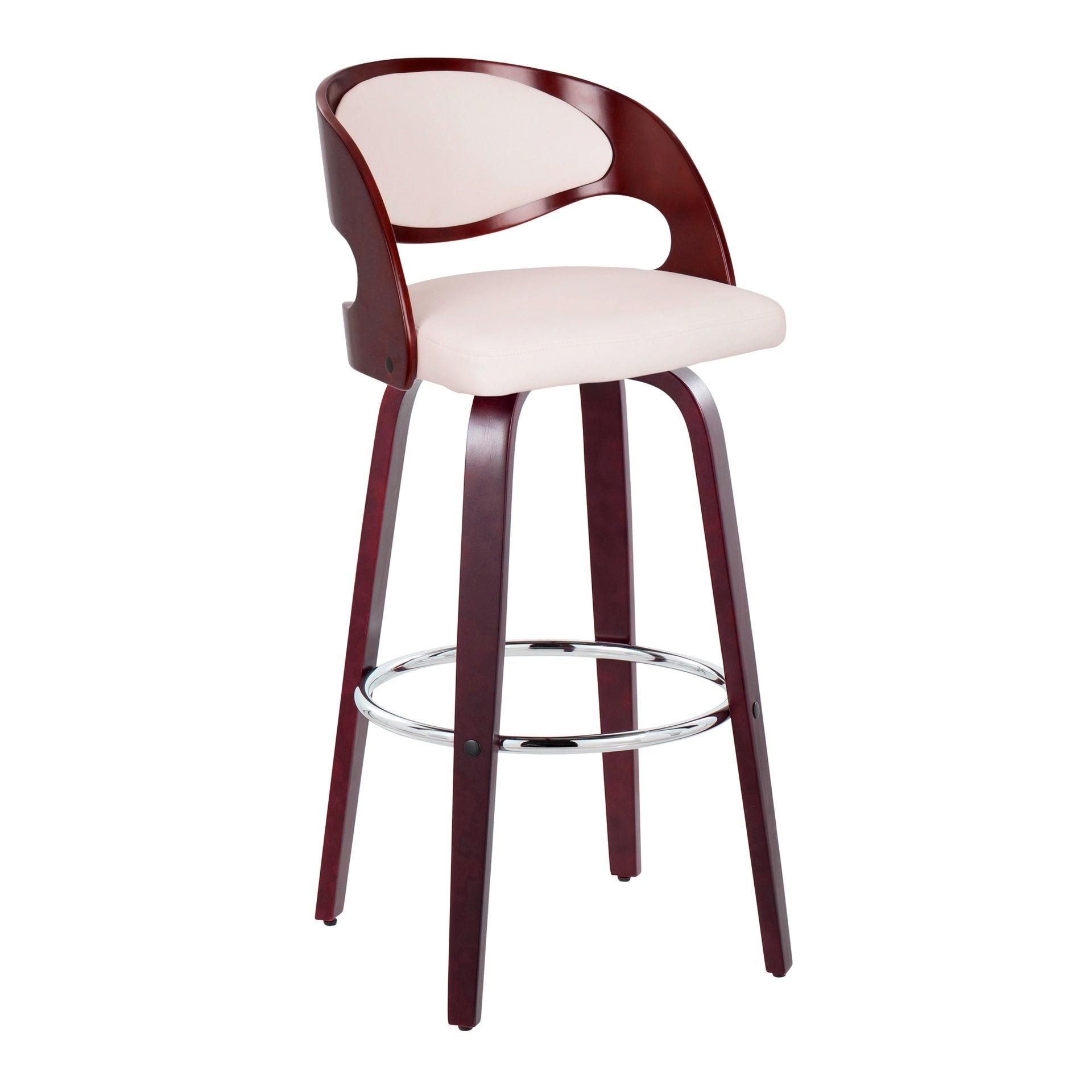 Pino 30" Mid-Century Modern Fixed-Height Barstool with Swivel in Cherry Wood and White Faux Leather with Round Chrome Metal Footrest by LumiSource - Set of 2