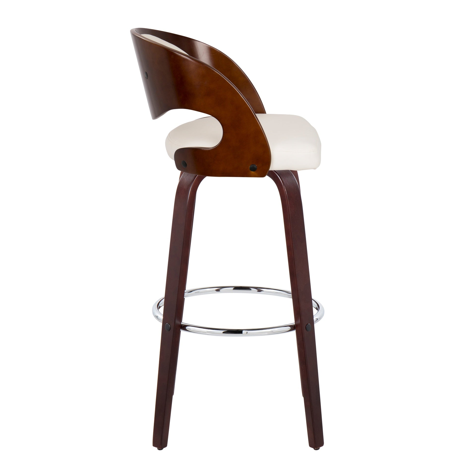 Pino 30" Mid-Century Modern Fixed-Height Barstool with Swivel in Cherry Wood and White Faux Leather with Round Chrome Metal Footrest by LumiSource - Set of 2
