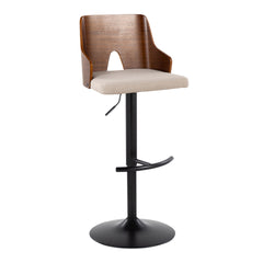 Ariana Mid-Century Modern Adjustable Barstool Stool with Swivel in Black Metal, Walnut Wood and Beige Fabric with Rounded "T" Footrest by LumiSource - Set of 2