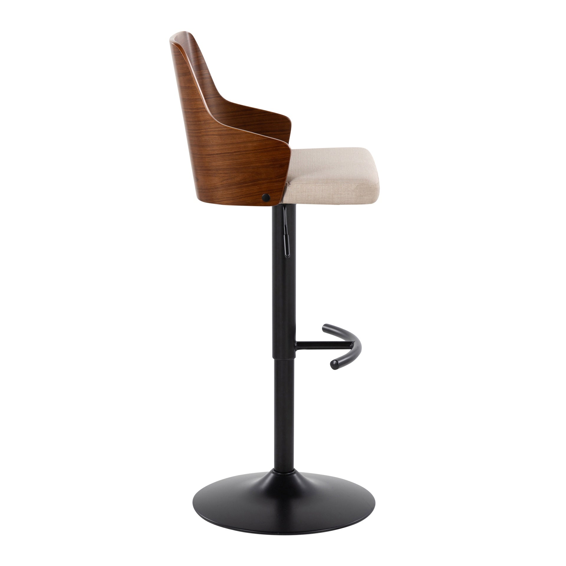 Ariana Mid-Century Modern Adjustable Barstool Stool with Swivel in Black Metal, Walnut Wood and Beige Fabric with Rounded "T" Footrest by LumiSource - Set of 2