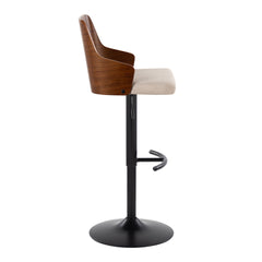 Ariana Mid-Century Modern Adjustable Barstool Stool with Swivel in Black Metal, Walnut Wood and Beige Fabric with Rounded "T" Footrest by LumiSource - Set of 2