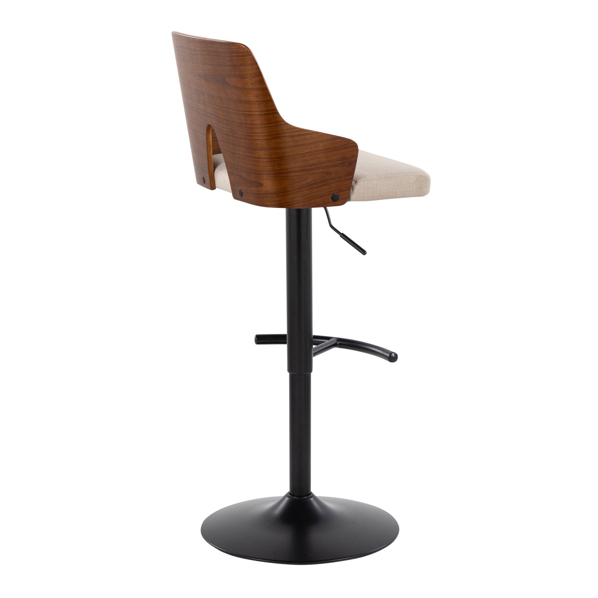 Ariana Mid-Century Modern Adjustable Barstool Stool with Swivel in Black Metal, Walnut Wood and Beige Fabric with Rounded "T" Footrest by LumiSource - Set of 2