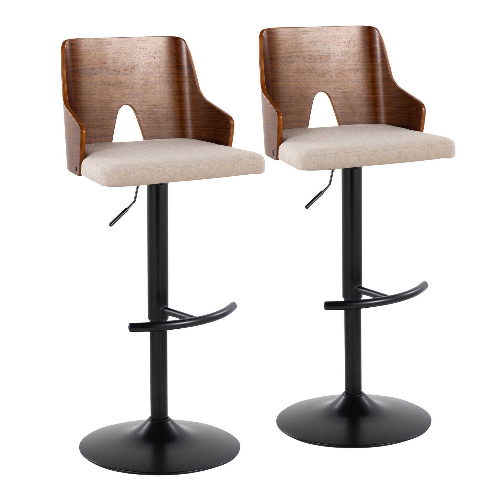 Ariana Mid-Century Modern Adjustable Barstool Stool with Swivel in Black Metal, Walnut Wood and Beige Fabric with Rounded "T" Footrest by LumiSource - Set of 2
