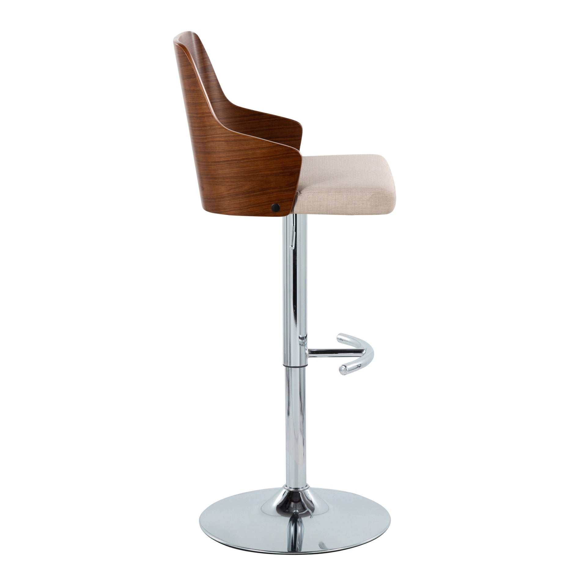 Ariana Mid-Century Modern Adjustable Barstool Stool with Swivel in Chrome Metal, Walnut Wood and Beige Fabric with Rounded "T" Footrest by LumiSource - Set of 2