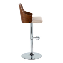 Ariana Mid-Century Modern Adjustable Barstool Stool with Swivel in Chrome Metal, Walnut Wood and Beige Fabric with Rounded "T" Footrest by LumiSource - Set of 2