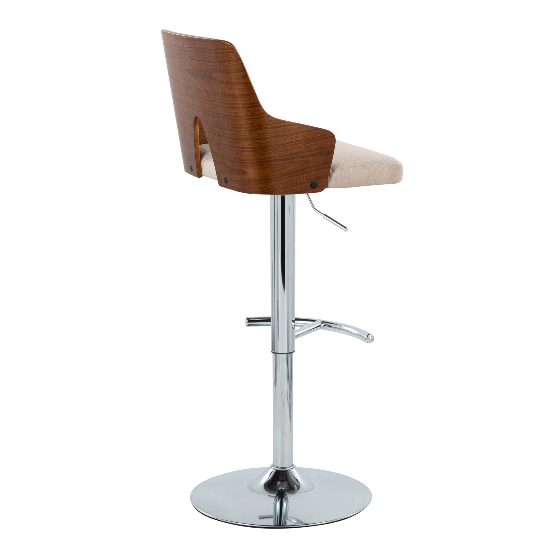 Ariana Mid-Century Modern Adjustable Barstool Stool with Swivel in Chrome Metal, Walnut Wood and Beige Fabric with Rounded "T" Footrest by LumiSource - Set of 2