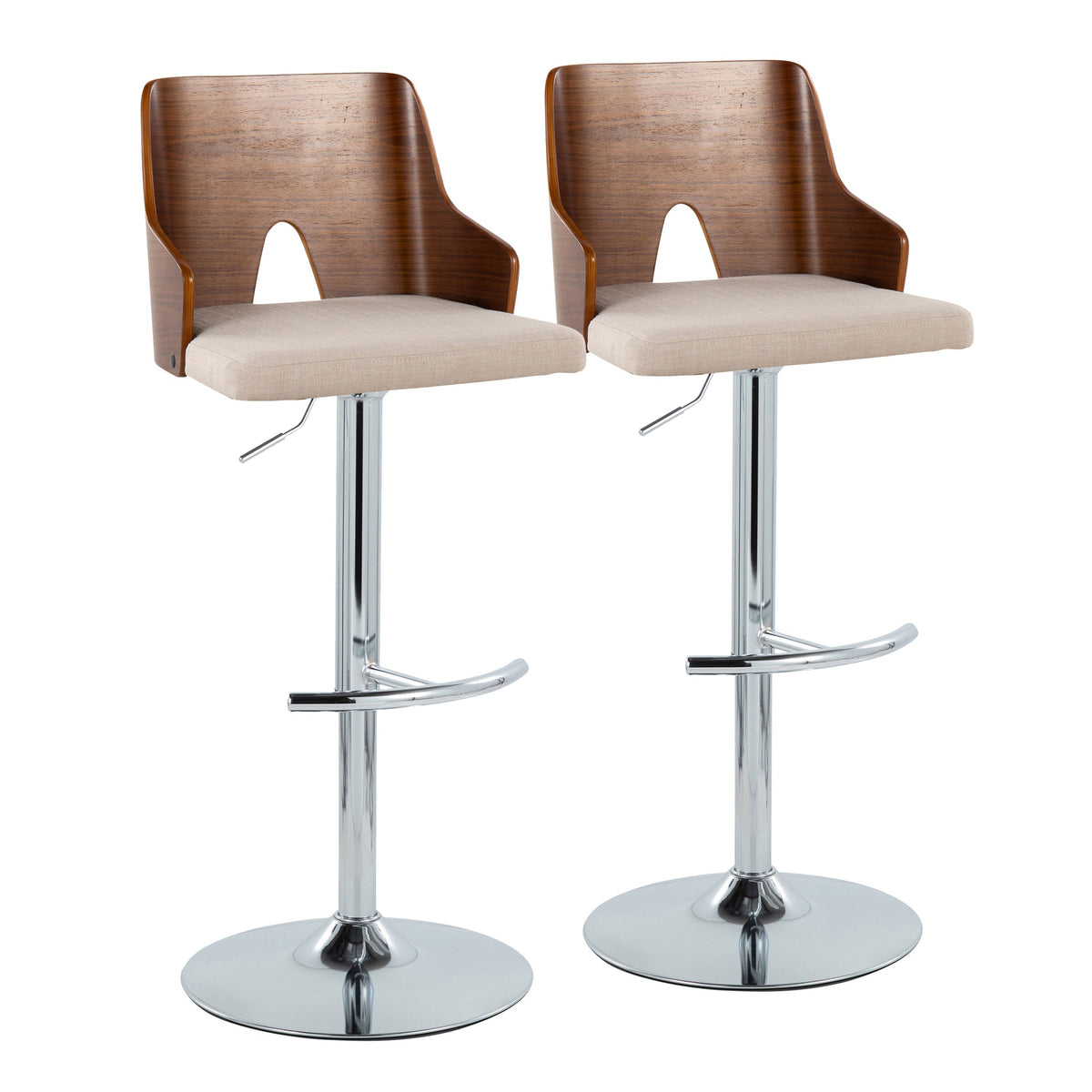 Ariana Mid-Century Modern Adjustable Barstool Stool with Swivel in Chrome Metal, Walnut Wood and Beige Fabric with Rounded "T" Footrest by LumiSource - Set of 2