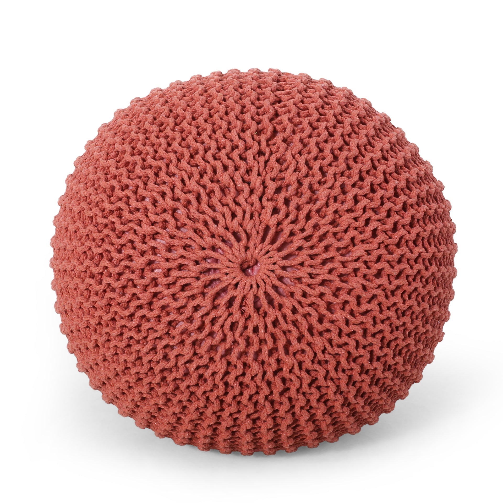 Bordeaux  Knitted Cotton Round Pouf, Coral
