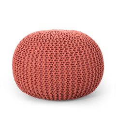 Bordeaux  Knitted Cotton Round Pouf, Coral
