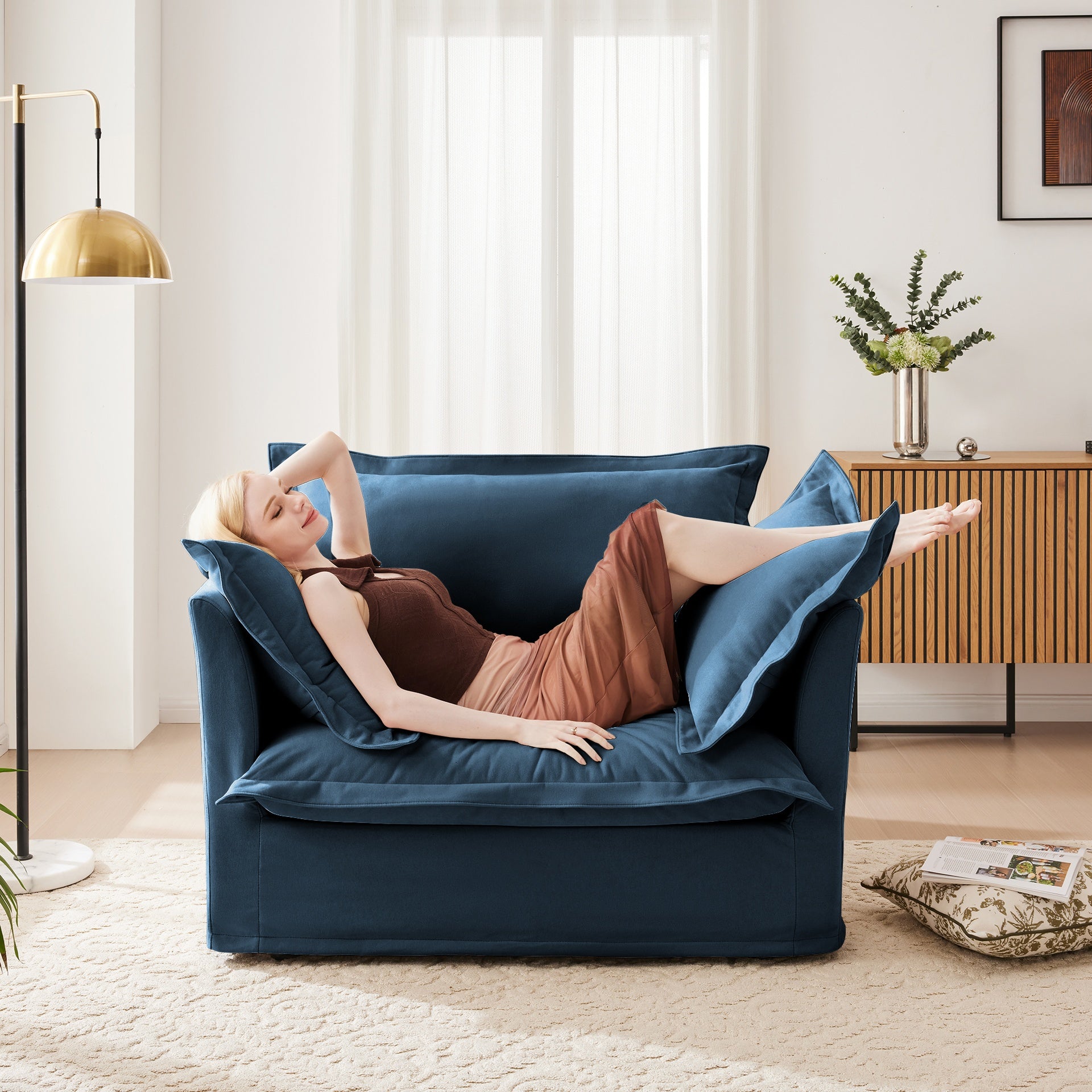 Slip-covered Armchair with 1 Big Back Cushion and 2 Big Toss Pillows, Single Deep Seat Comfy Single Couch Sofa Multiple Large Soft Pillows, Chenille Fabric, Blue