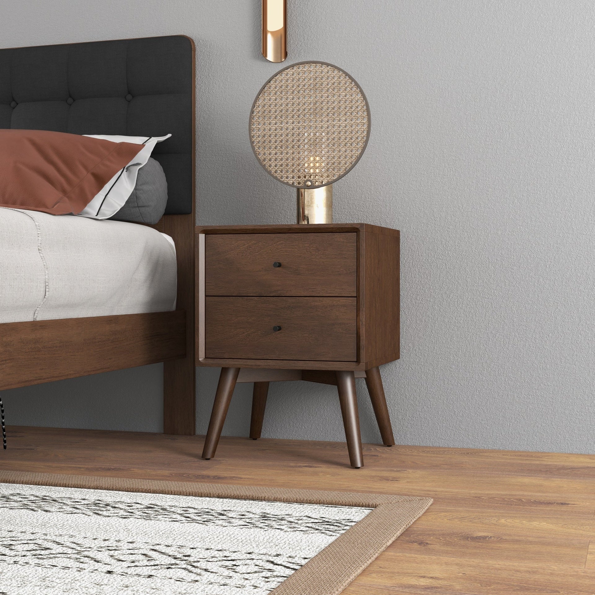 Mid-Century Modern Caroline Night Stand 2-Drawer Dark Brown Solid Wood 23.6"H x 17.7"W x 15.7"D for Bedroom, Closet, Dorm