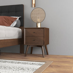 Mid-Century Modern Caroline Night Stand 2-Drawer Dark Brown Solid Wood 23.6"H x 17.7"W x 15.7"D for Bedroom, Closet, Dorm