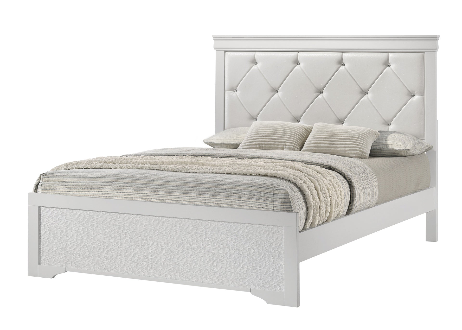 Modern 1pc White Finish Twin Size Panel Youth Bed Upholstered Headboard Crystal-Like Button Tufted Texture Wood Bedroom Furniture