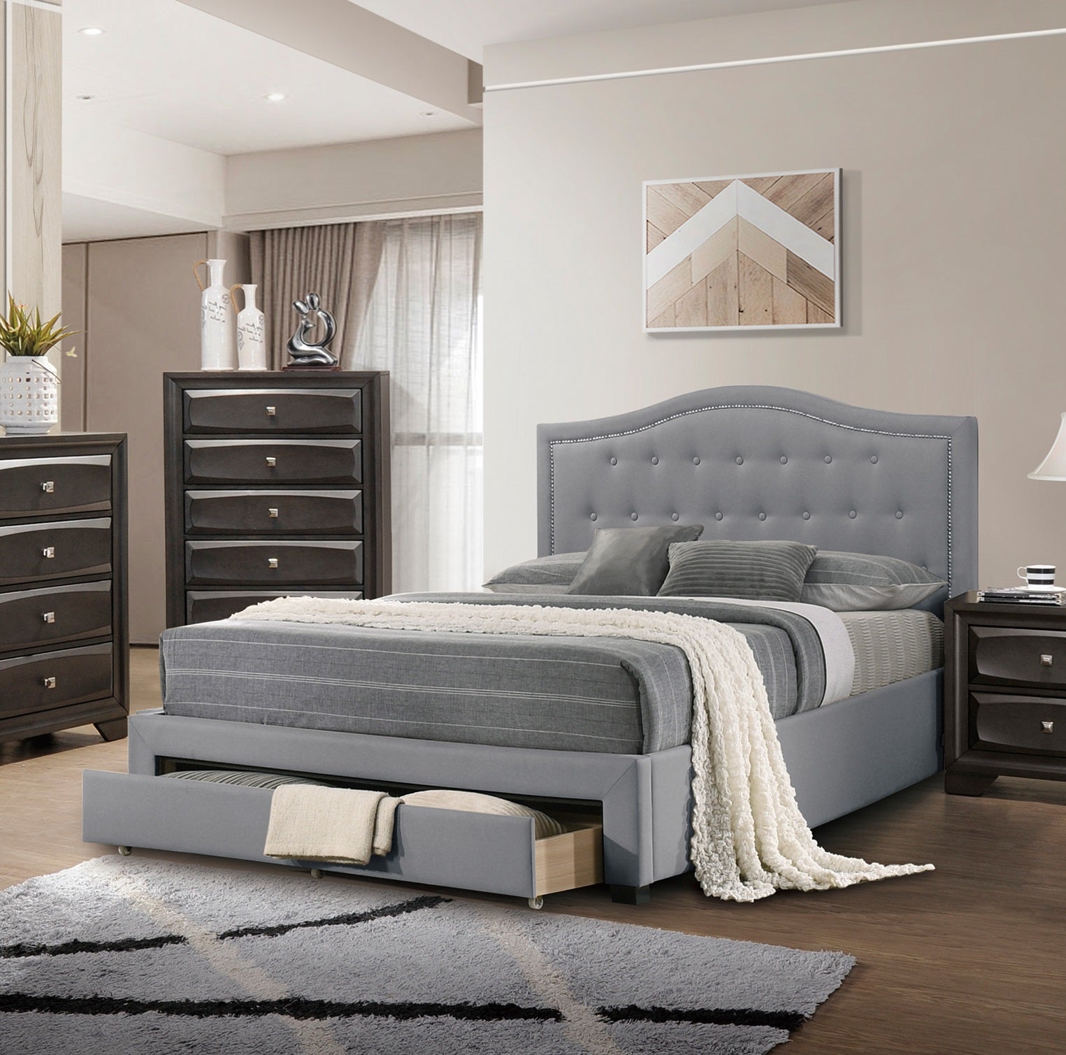 1pc California King Size Bed Light Gray Arched And Button Tufted Headboard Footboard Storage Bedroom Furniture