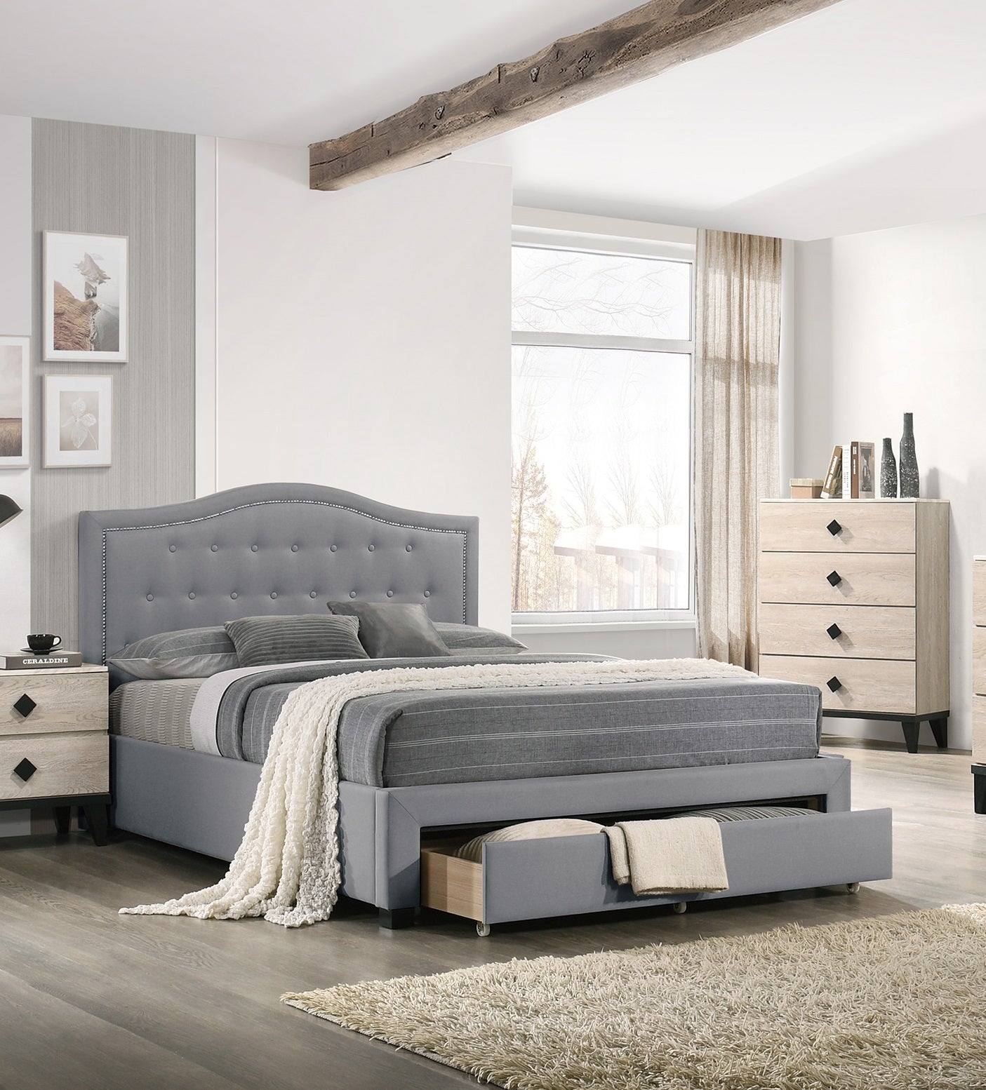 1pc California King Size Bed Light Gray Arched And Button Tufted Headboard Footboard Storage Bedroom Furniture