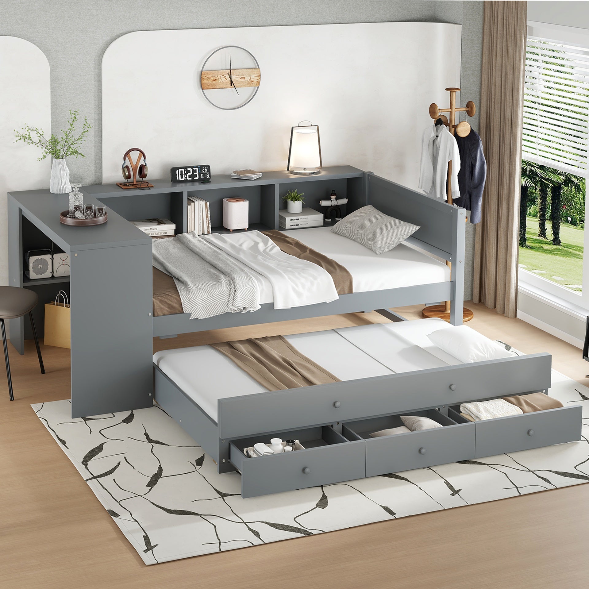 Twin Size Daybed with Trundle, Wood Day Bed Frame with Storage Drawers and Side Shelves, Daybed with Desk, No Spring Box Needed, Gray