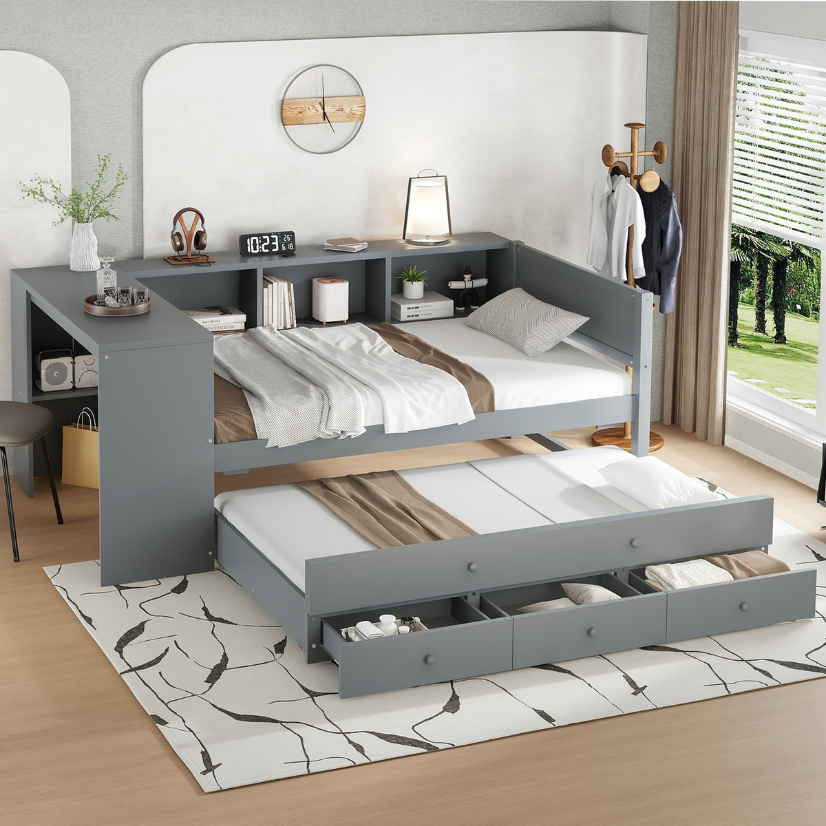 Twin Size Daybed with Trundle, Wood Day Bed Frame with Storage Drawers and Side Shelves, Daybed with Desk, No Spring Box Needed, Gray