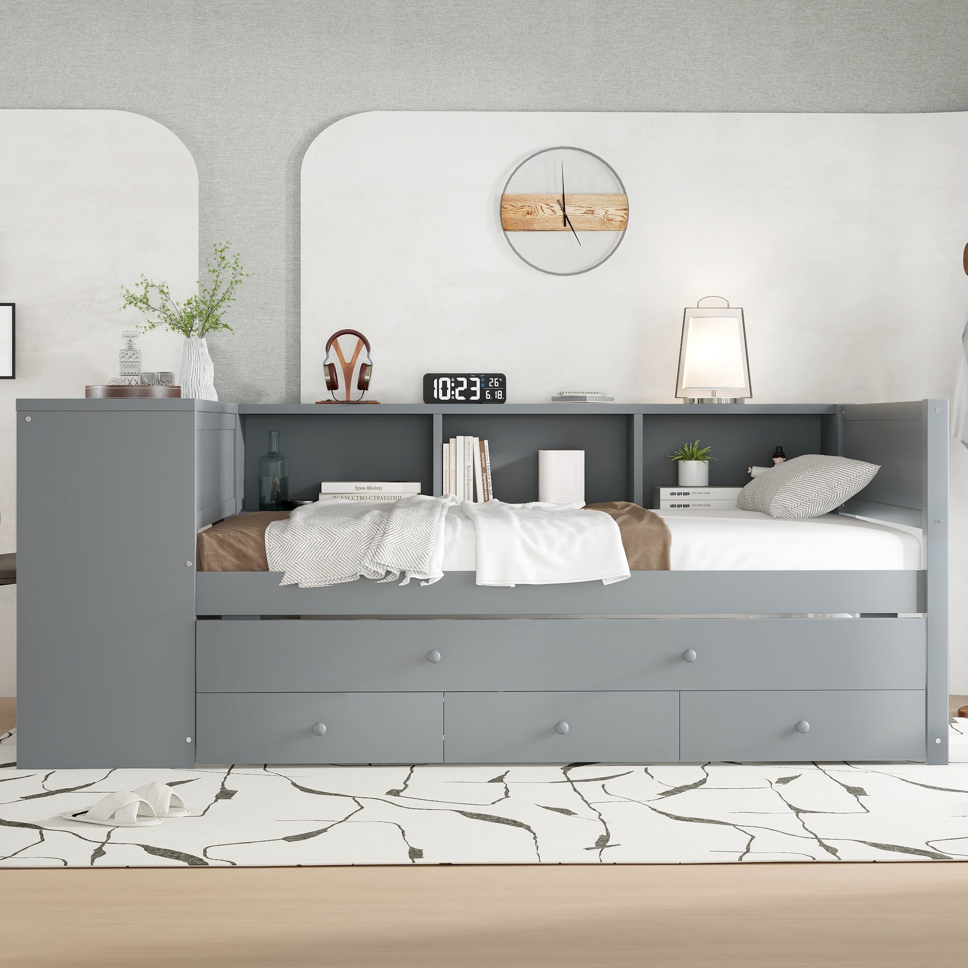 Twin Size Daybed with Trundle, Wood Day Bed Frame with Storage Drawers and Side Shelves, Daybed with Desk, No Spring Box Needed, Gray