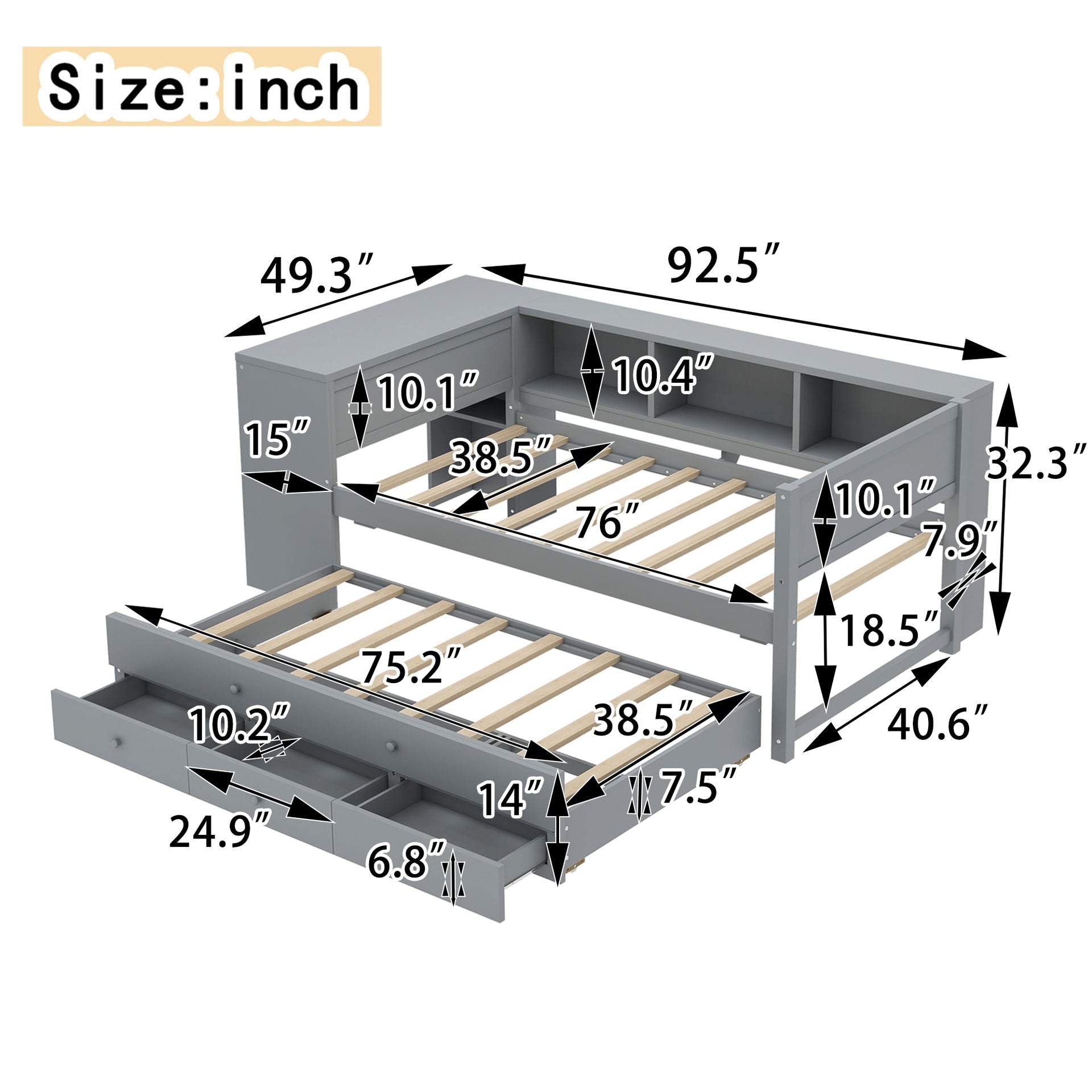 Twin Size Daybed with Trundle, Wood Day Bed Frame with Storage Drawers and Side Shelves, Daybed with Desk, No Spring Box Needed, Gray