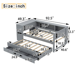 Twin Size Daybed with Trundle, Wood Day Bed Frame with Storage Drawers and Side Shelves, Daybed with Desk, No Spring Box Needed, Gray