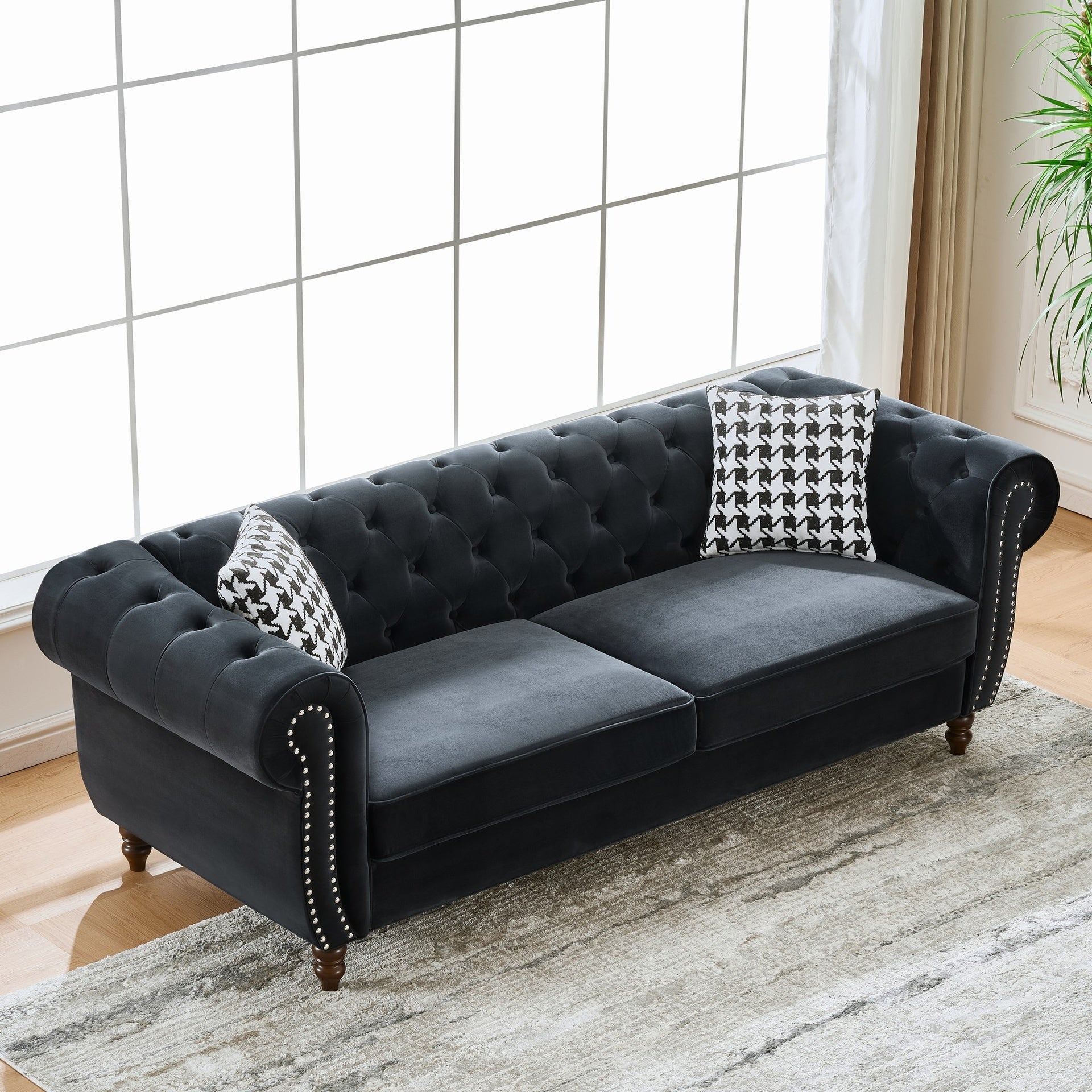 87"Chesterfield ‌velvet upholstery fabric Sofa with Roll Armrest & Nailhead,Upholstered Mid Century Modern Couch,3 Seater Couch for Living Room, Office, Apartment, Black