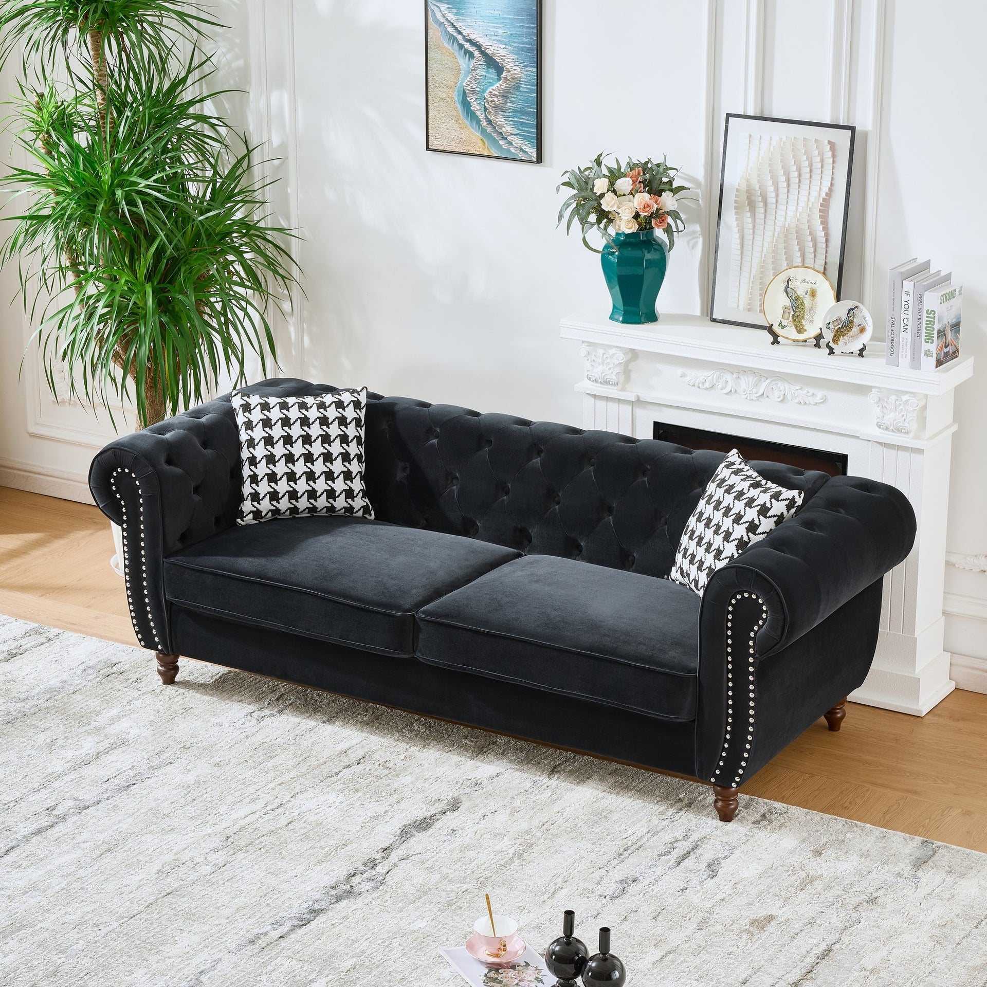 87"Chesterfield ‌velvet upholstery fabric Sofa with Roll Armrest & Nailhead,Upholstered Mid Century Modern Couch,3 Seater Couch for Living Room, Office, Apartment, Black