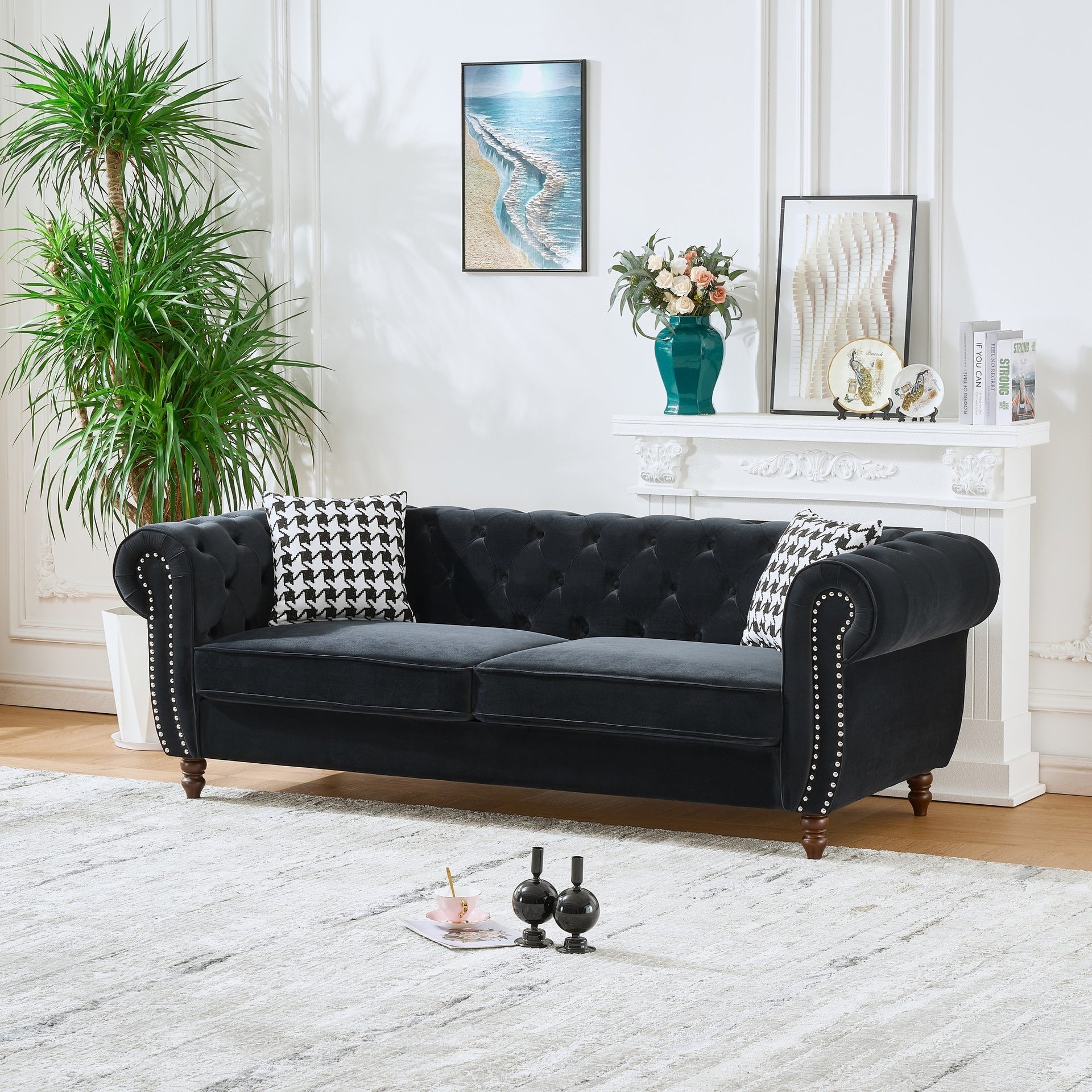 87"Chesterfield ‌velvet upholstery fabric Sofa with Roll Armrest & Nailhead,Upholstered Mid Century Modern Couch,3 Seater Couch for Living Room, Office, Apartment, Black