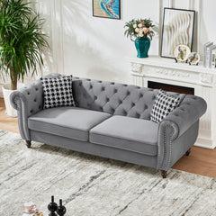 87"Chesterfield ‌velvet upholstery fabric Sofa with Roll Armrest & Nailhead,Upholstered Mid Century Modern Couch,3 Seater Couch for Living Room, Office, Apartment, Grey