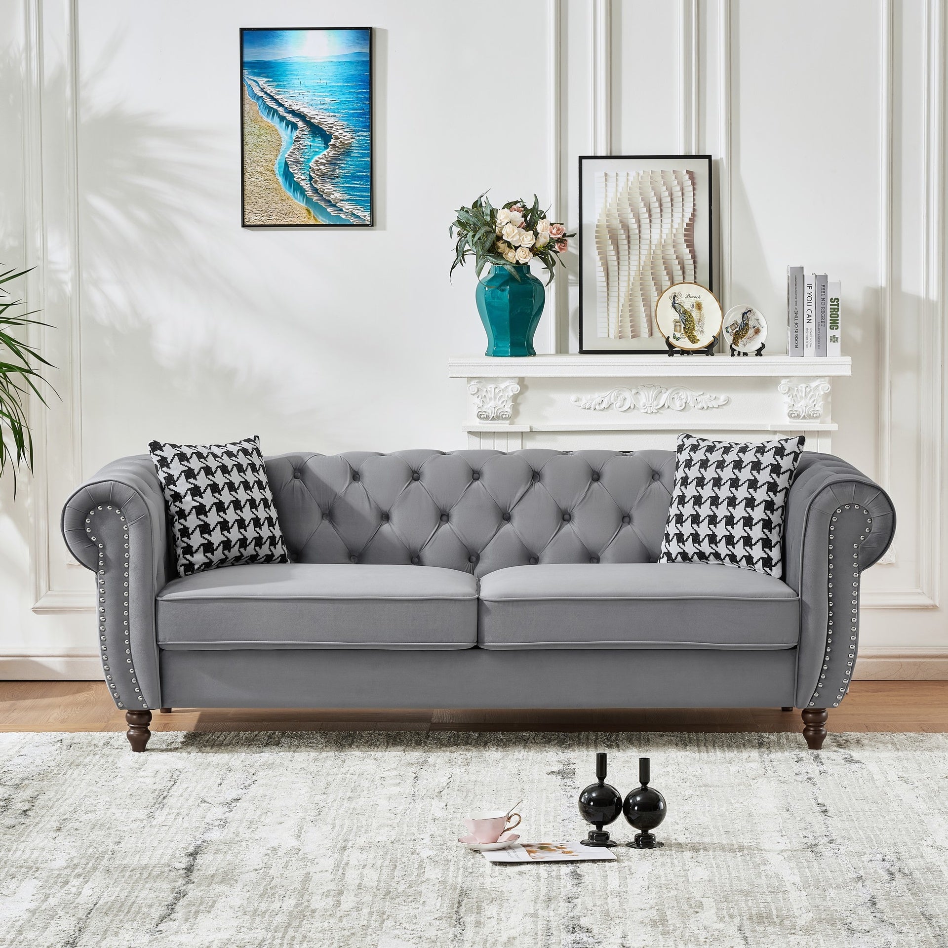 87"Chesterfield ‌velvet upholstery fabric Sofa with Roll Armrest & Nailhead,Upholstered Mid Century Modern Couch,3 Seater Couch for Living Room, Office, Apartment, Grey