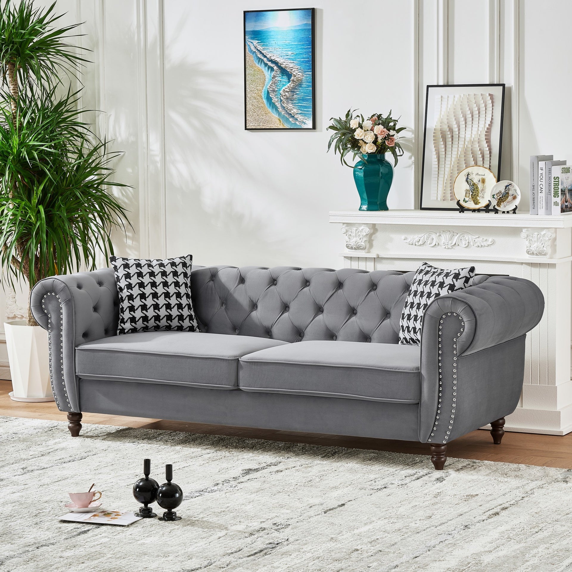 87"Chesterfield ‌velvet upholstery fabric Sofa with Roll Armrest & Nailhead,Upholstered Mid Century Modern Couch,3 Seater Couch for Living Room, Office, Apartment, Grey
