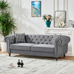 87"Chesterfield ‌velvet upholstery fabric Sofa with Roll Armrest & Nailhead,Upholstered Mid Century Modern Couch,3 Seater Couch for Living Room, Office, Apartment, Grey