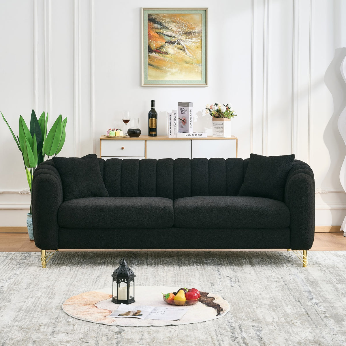 85" Oversized Chenille Sofa,Luxury 3 Seater Deep Couch,Modern Tufted Couch, Gold Metal Legs Sofa for Living Room, Bedroom, Apartment (Black)