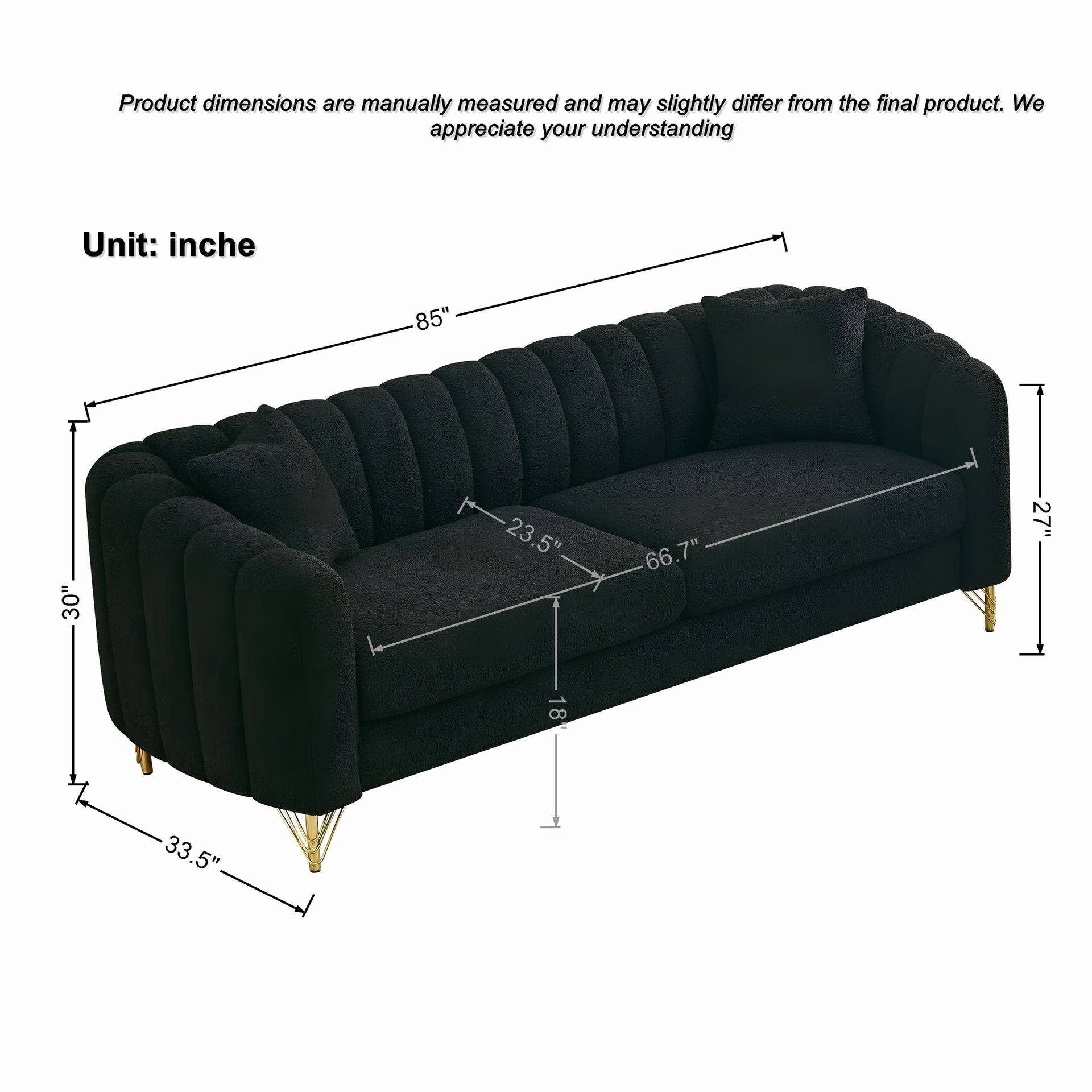 85" Oversized Chenille Sofa,Luxury 3 Seater Deep Couch,Modern Tufted Couch, Gold Metal Legs Sofa for Living Room, Bedroom, Apartment (Black)