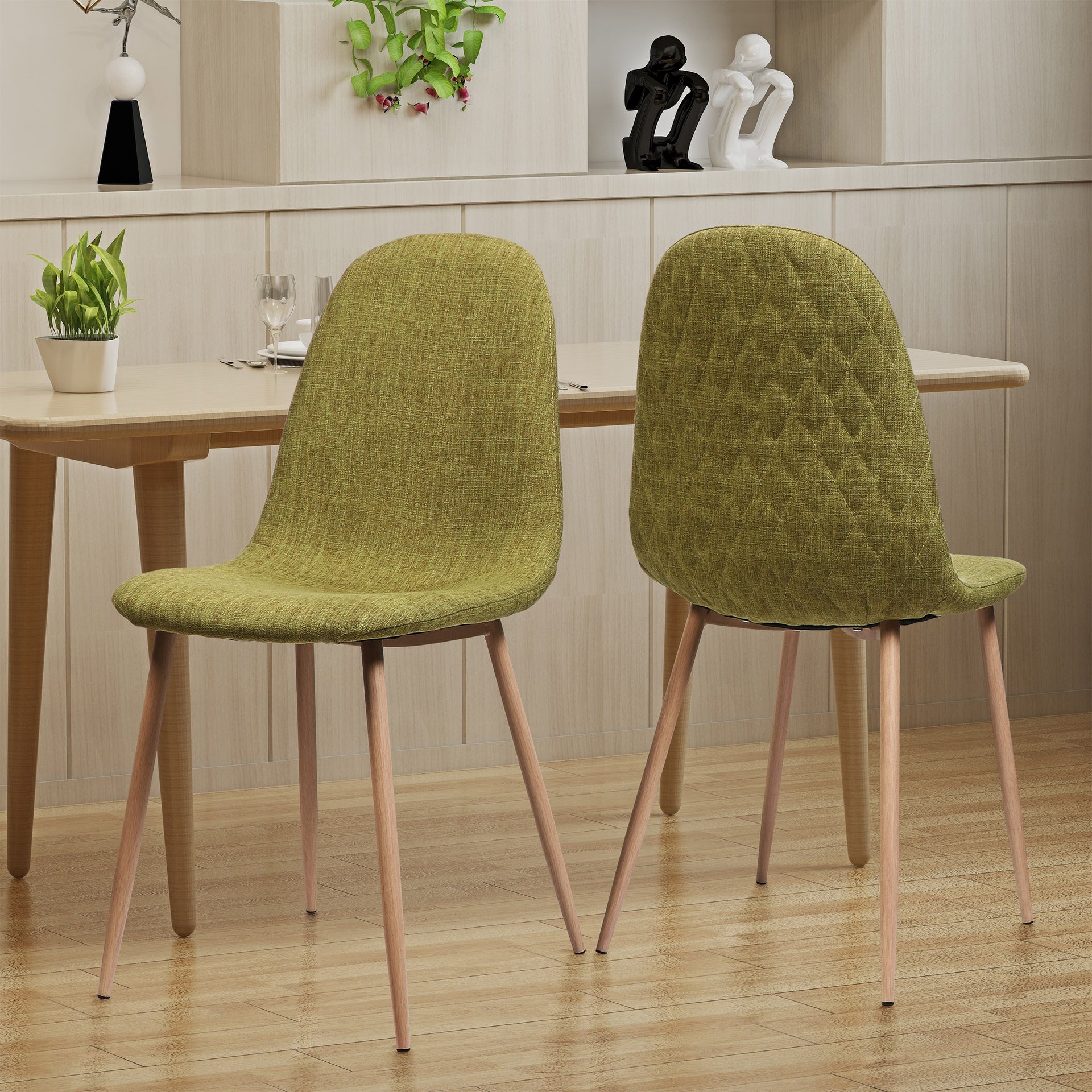 Mid-Century Dining Chair Fabric Upholstered Chair with Light Walnut Finished Metal Legs (Set of 2), Green