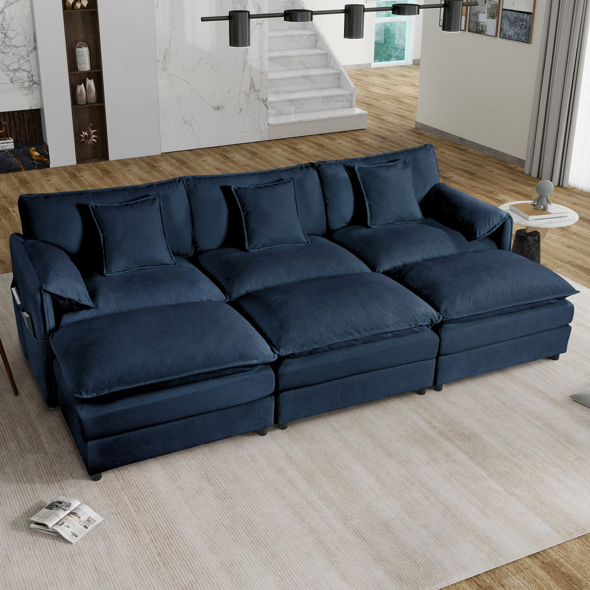 Oversized Deep Seat Sectional Cloud Sofa Sleeper with 3 Ottomans & Soft Pillows, Modular Couch Bed for Living Room, Apartment, DIY Combination Chenille,Blue