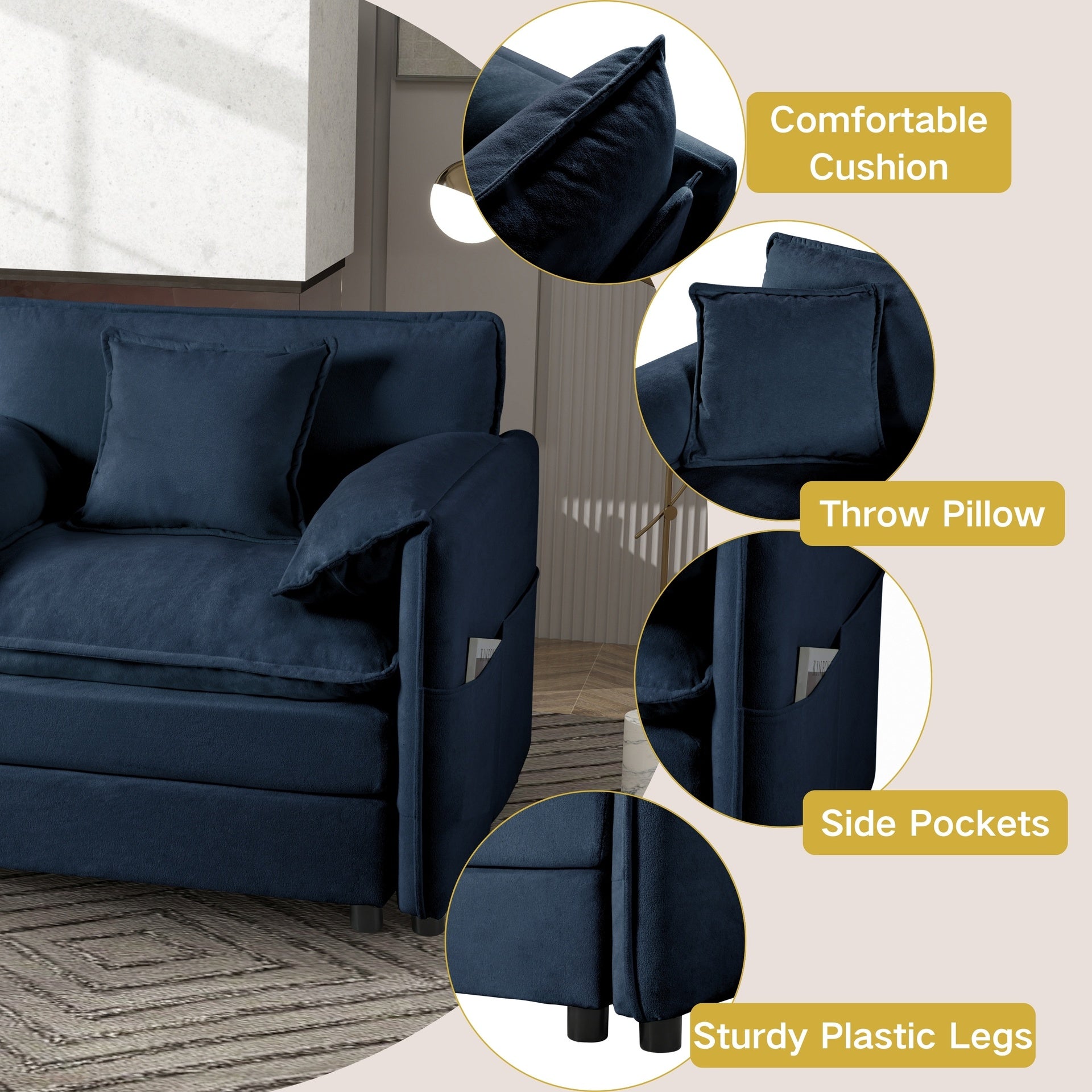 Oversized Deep Seat Sectional Cloud Sofa Sleeper with 3 Ottomans & Soft Pillows, Modular Couch Bed for Living Room, Apartment, DIY Combination Chenille,Blue