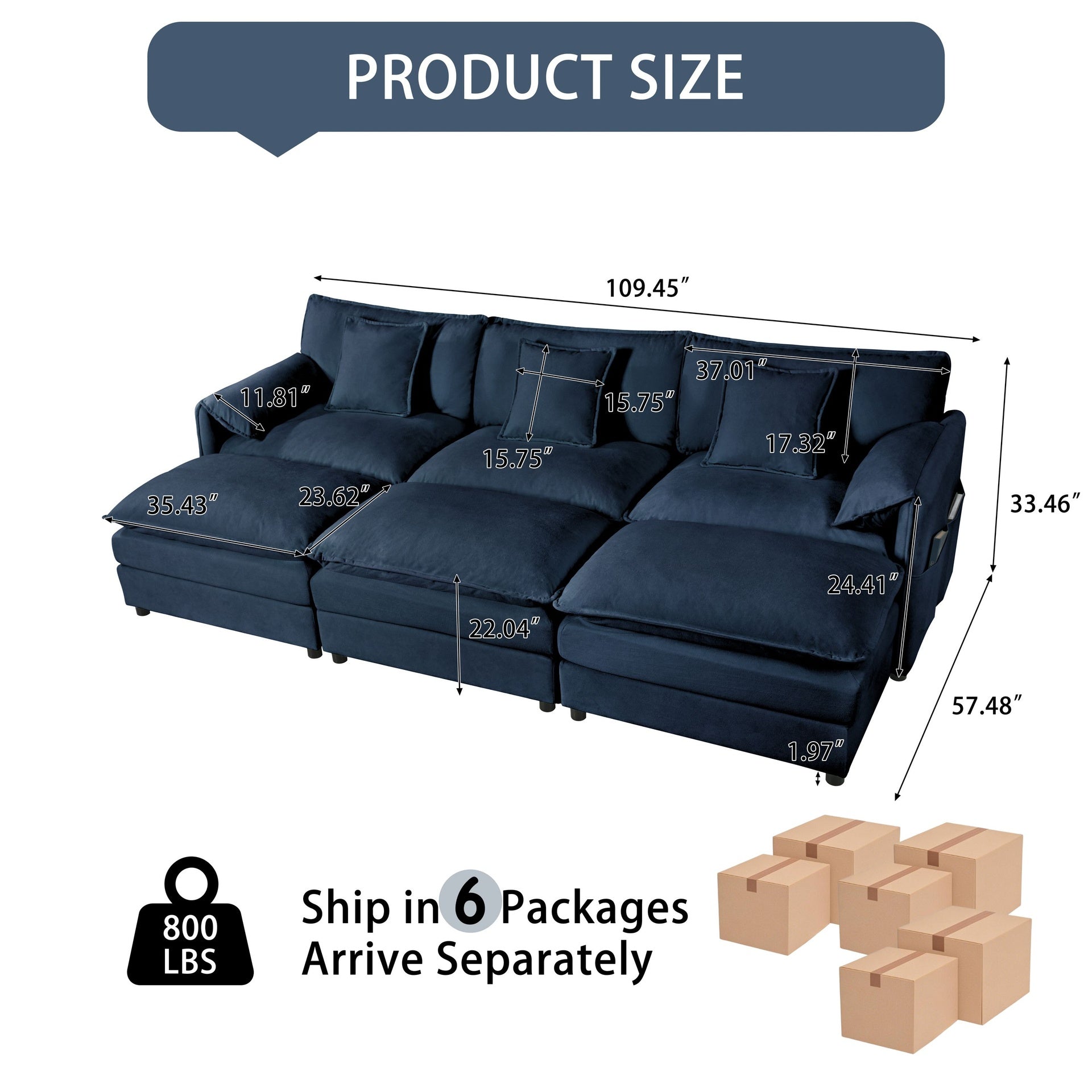 Oversized Deep Seat Sectional Cloud Sofa Sleeper with 3 Ottomans & Soft Pillows, Modular Couch Bed for Living Room, Apartment, DIY Combination Chenille,Blue