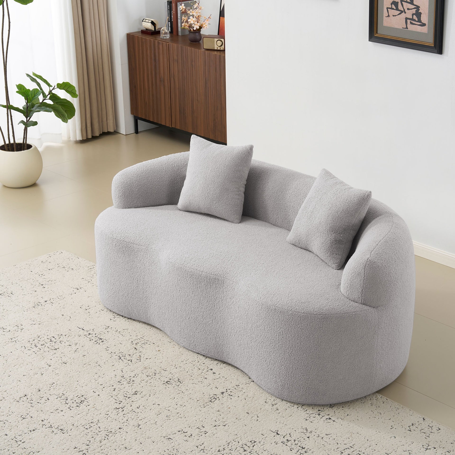 Grey Curved Loveseat Sofa with Round Armrest, Compression Couch with 2 Pillows, Cream Couch for Small Space, Living Room, Bedroom, No Assembly