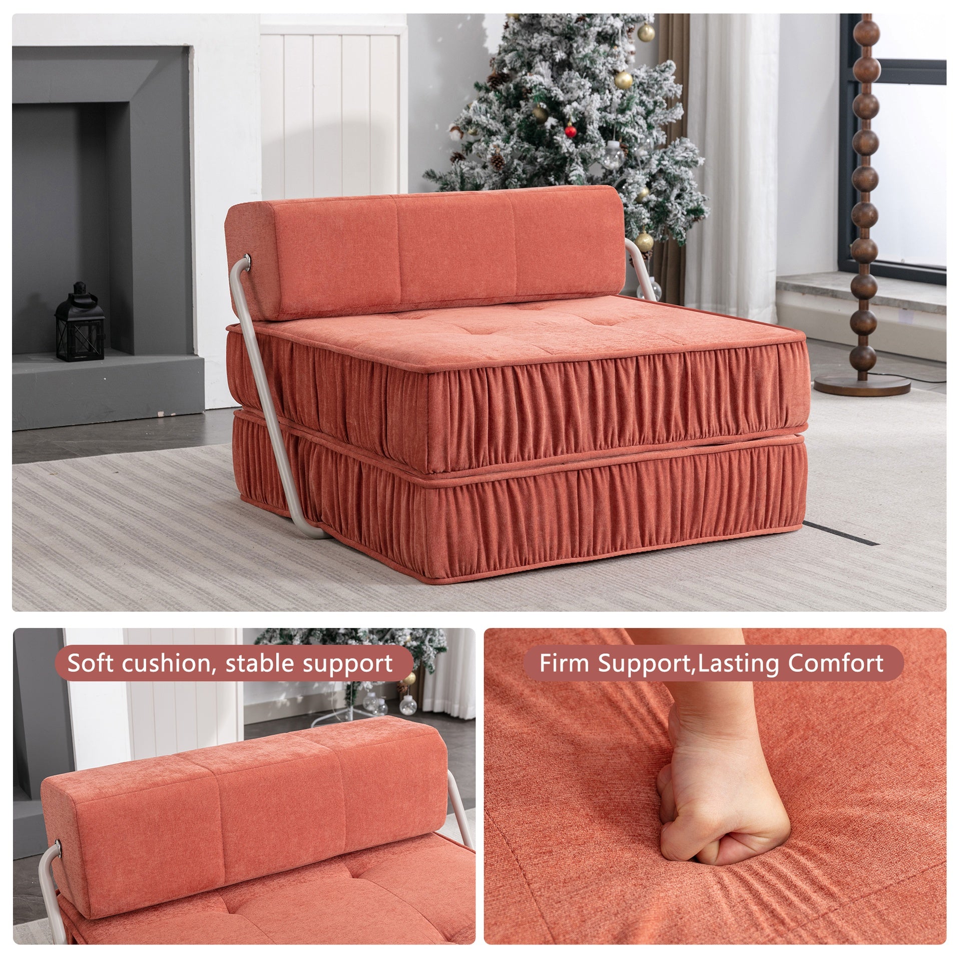 Orange Folding Sofa , Futon Sleeper Chair, Convertible Chair Floor Couch & Sleeping Mattress for Living Room, Guest Room, Home Office, Apartment, Small space, Removable Back Cushion.