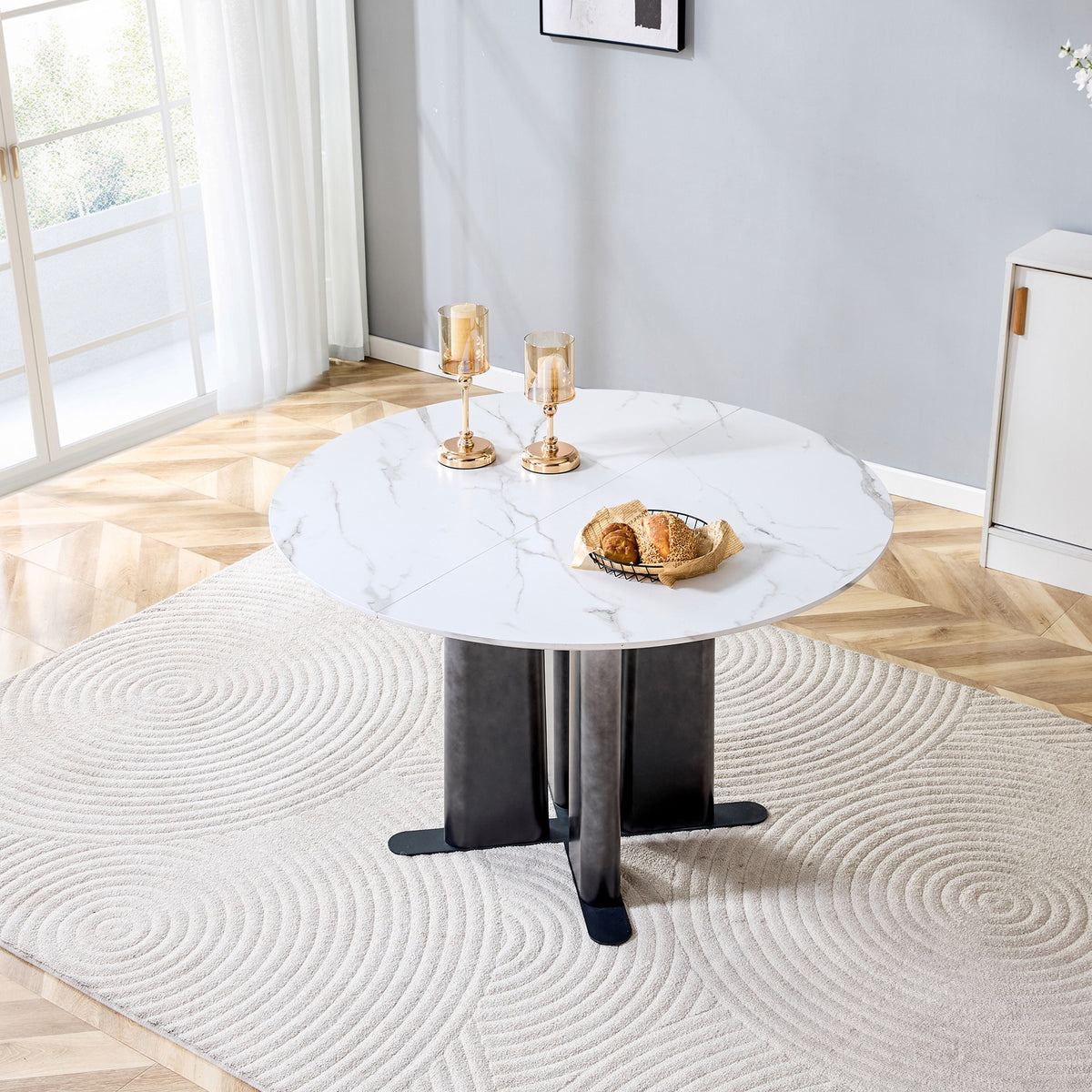 Round White Marble Pattern MDF Dining Table, Black & White Gradient Legs with Cross Base, Compact 2-4 Person Kitchen Table for Small Spaces Home Modern Dining Room Furniture