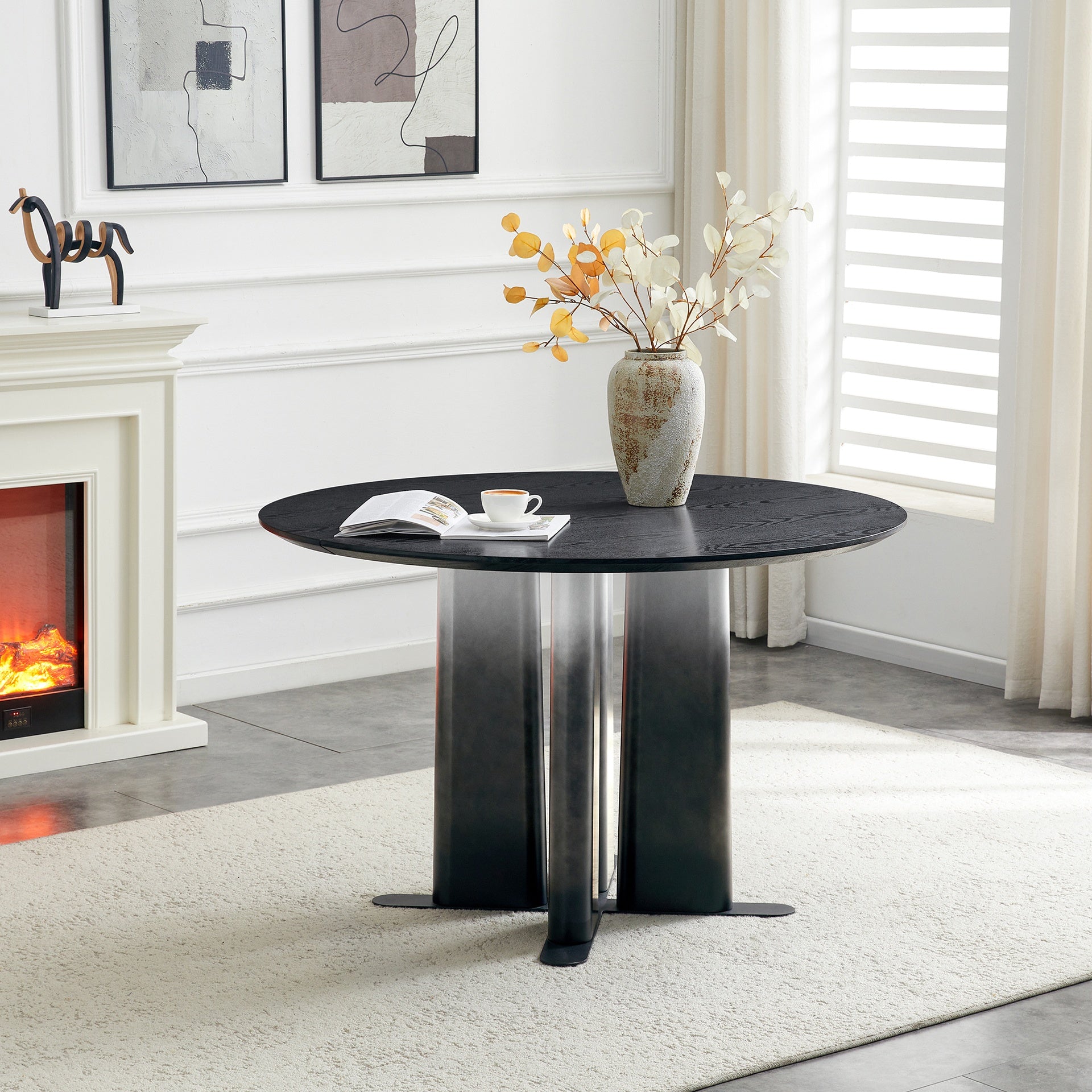 Round Black Wood Grain MDF Dining Table, Black & White Gradient Legs with Cross Base, Compact 2-4 Person Kitchen Table for Small Spaces Modern Dining Room Furniture